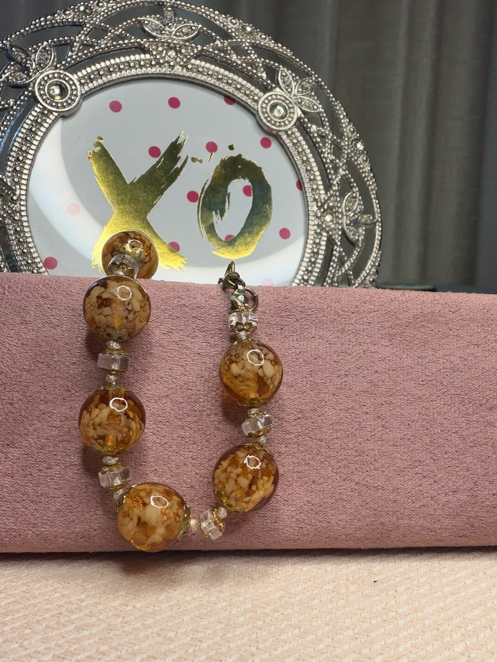 Murano Style Amber Gold Foil Lampwork Art Glass Bead Bracelet 7.5"